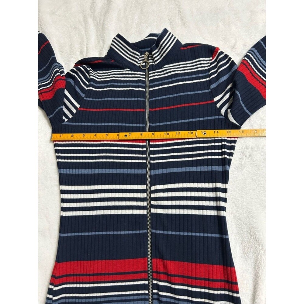 Venus Knit Striped Dress XS Blue Red White Full Zip Long Cardigan High Neck - Picture 7 of 10